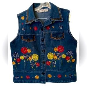 Carrie Allen Denim Vest L Darling Floral Embroidery Top Women’s Size Large